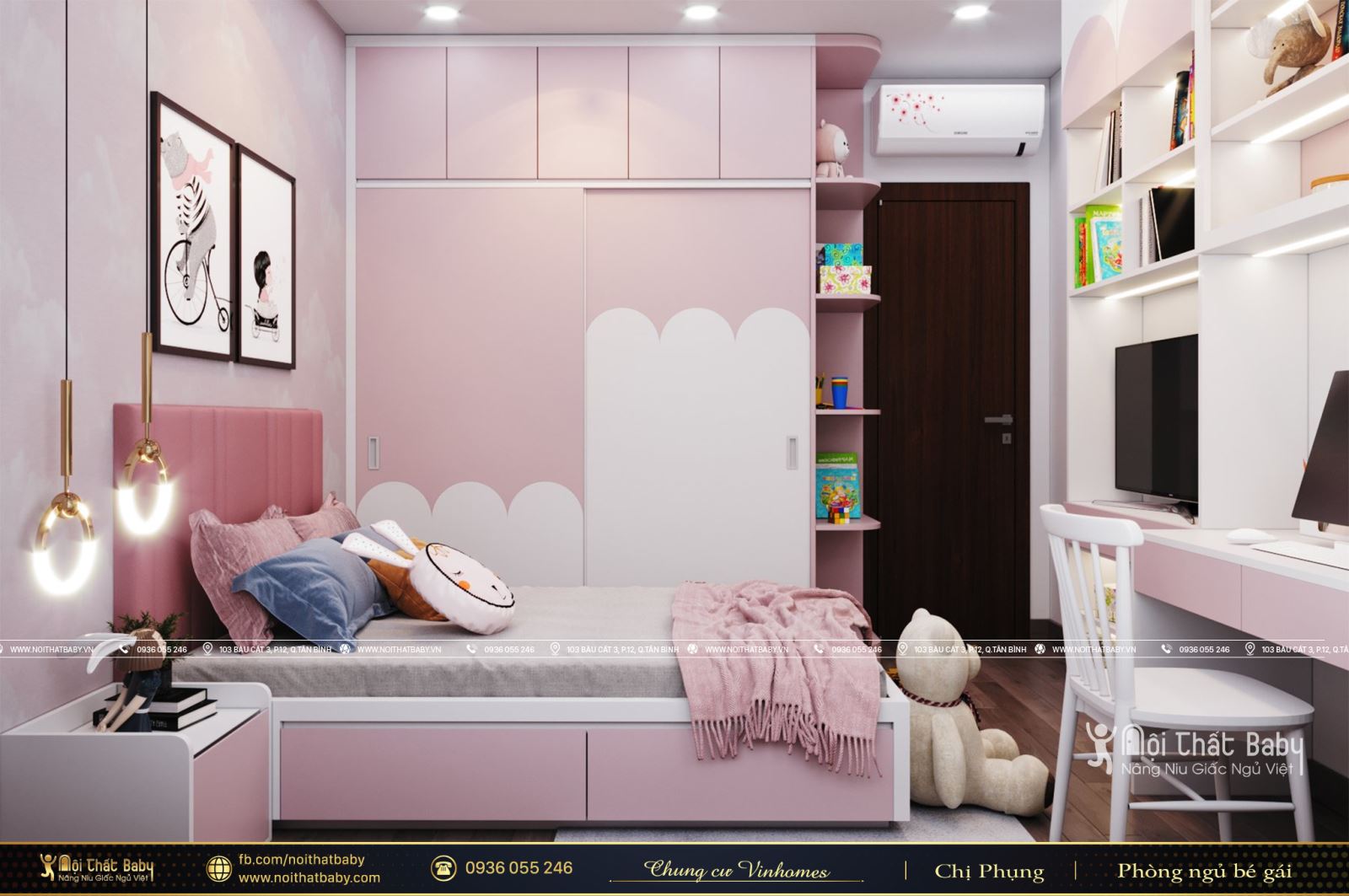Thiết kế phòng ngủ bé gái màu hồng